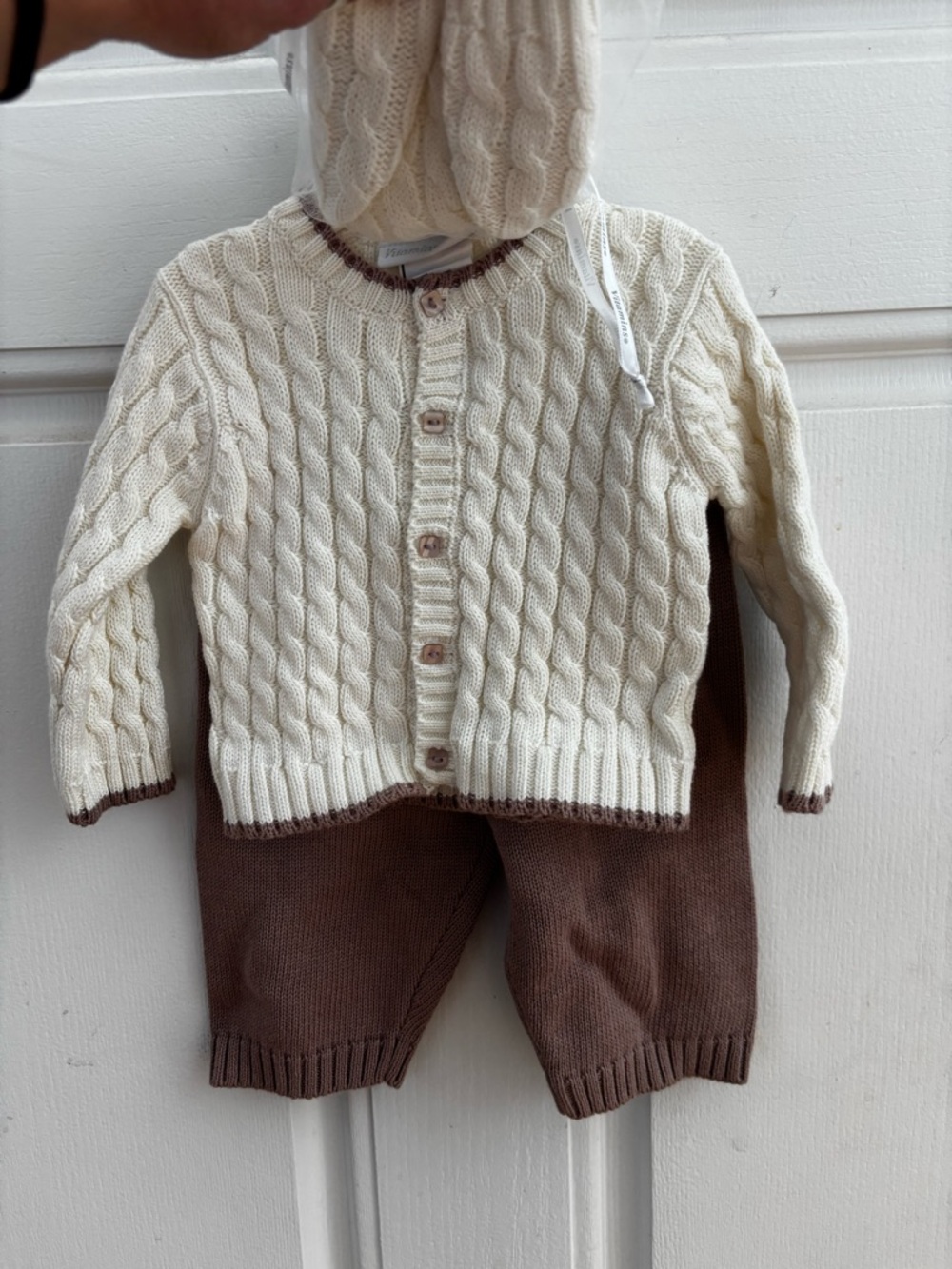 Vitamins Baby Cream Cable Knit Cardigan and Brown Knit Pants Set - Picture 4 of 7